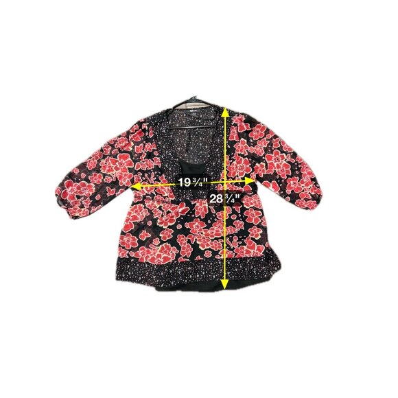Style & Co. Floral Sheer V-Neck 3/4 Sleeve Blouse Black Red Sz 18 Camisole Boho - Picture 7 of 11